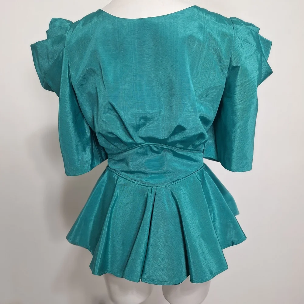 Watters & Watters Green Victorian Puff Sleeves Front Bow Peplum Top Size 14 - Picture 8 of 14
